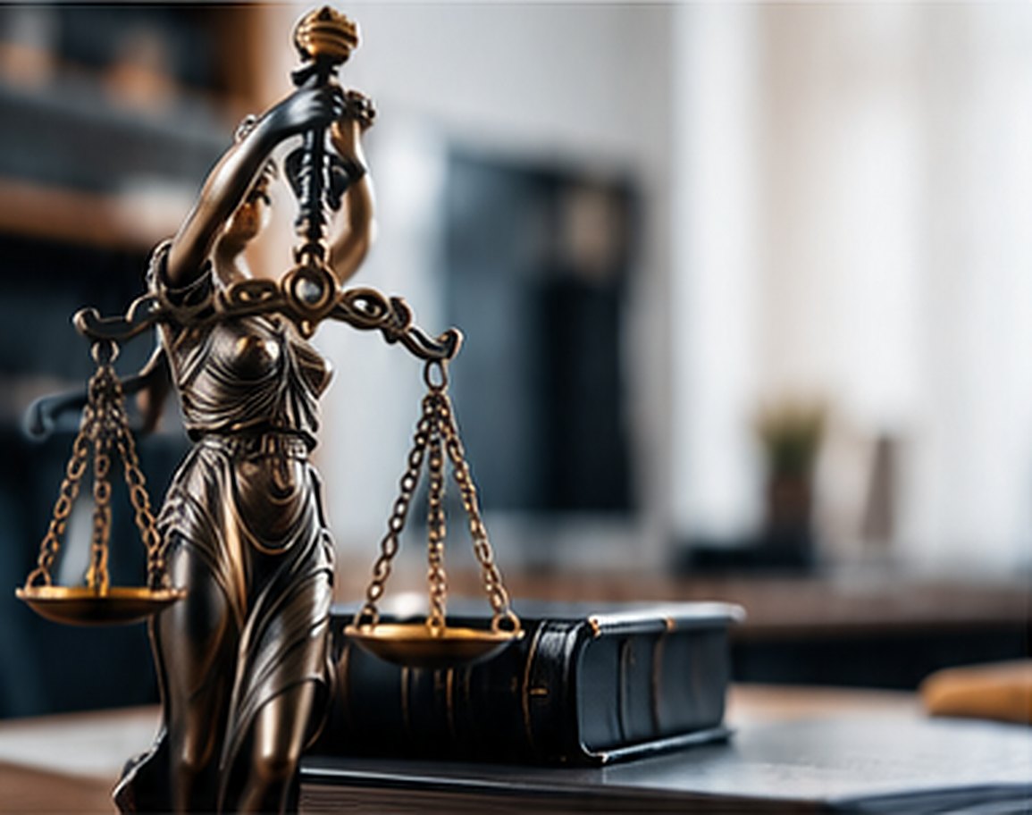 Estatua de la justicia junto a un código legal